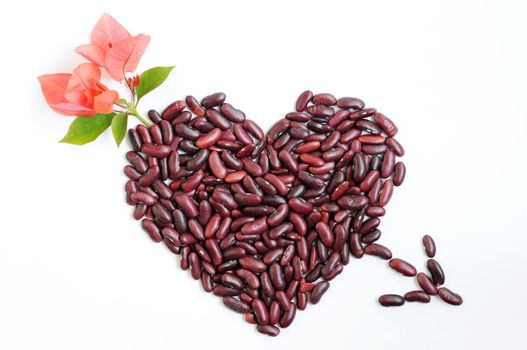 Heart shape with an arrow made of beans and flowers on a white background