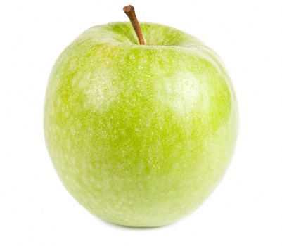 Isolated frontal shot of a fresh green apple with stem and drops of water on it.