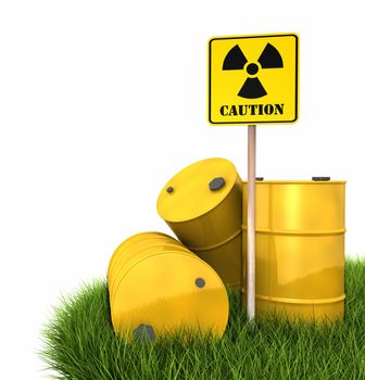 Radioactive landfill, barrels on grass with sign of radiation, 3d render