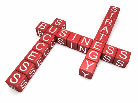Red cubes with letters arranged in three words - business strategy and success, white background, 3d render