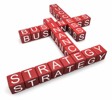 Red cubes with letters arranged in words business, strategy, finance and success, white background, 3d render