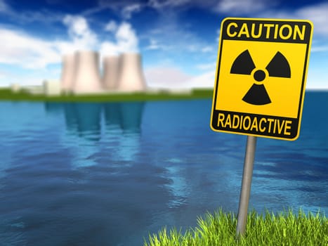 Warning sign with radioactive symbol and nuclear power plant on the coast, 3d render
