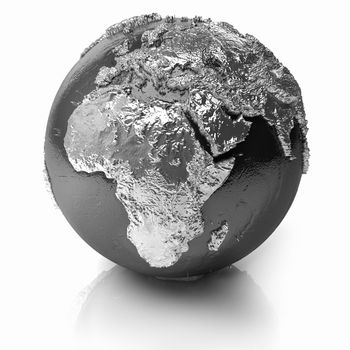 Silver globe - metal earth with realistic topography - africa, 3d render