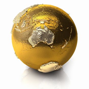 Gold globe with realistic topography and light reflections, metal earth - australia, 3d render