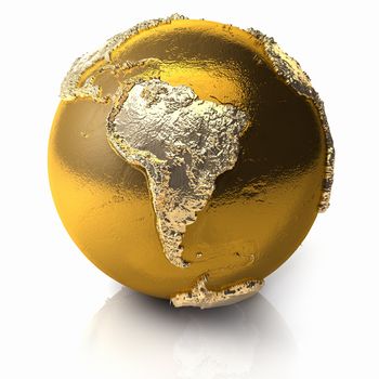 Gold globe with realistic topography and light reflections, metal earth - south america, 3d render