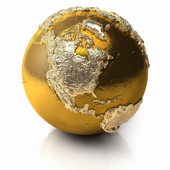 Gold globe with realistic topography and light reflections, metal earth - north america, 3d render
