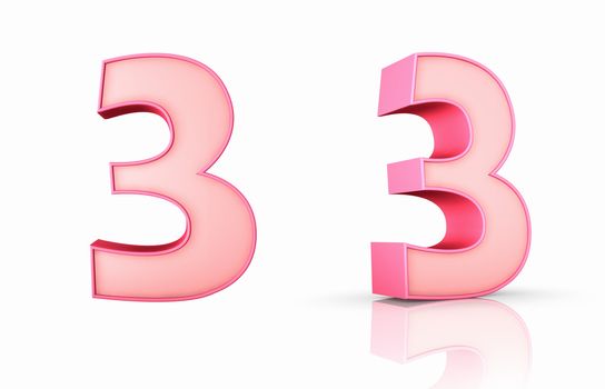 3d pink number three, isolated on white background, 3