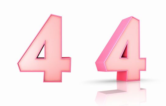3d pink number four, isolated on white background, 4