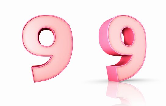 3d pink number nine, isolated on white background, 9