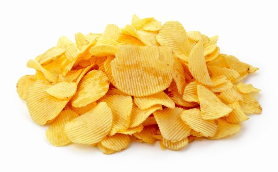 Pile of potato chips on white background