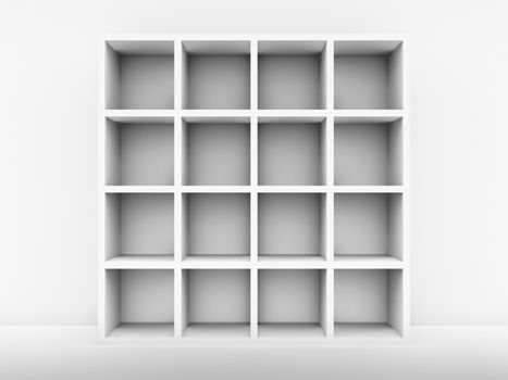 White bookshelf next to the white wall, 3d render