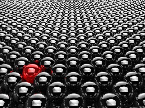 Lots of chrome black balls with one red, 3d render
