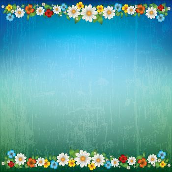 abstract green blue floral background with spring flowers