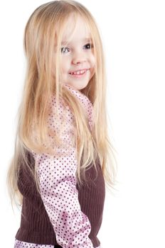Portrait of little cute girl with long hair isolated on white