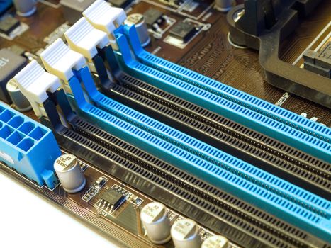 DDR memory slots on motherboard closeup