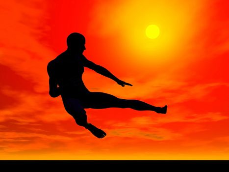 Shadow of a man in kung-fu posture by red sunset