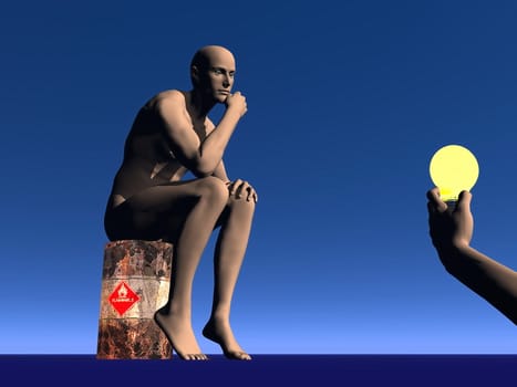 Man sitting on an inflammable dangerous barrel wondering and looking at the light bulb on that another hand is trying to give him as an idea, blue backround