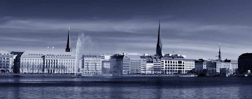 Toned black and white image of the Binnenalster in Hamburg, Germany.