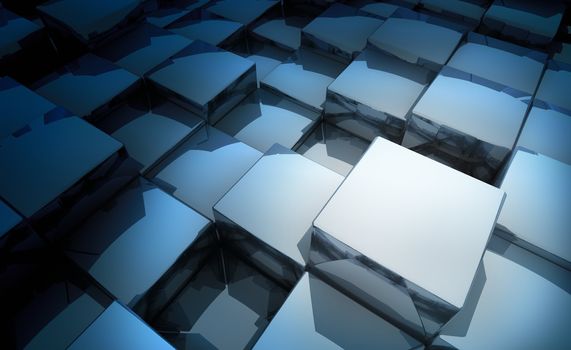 Blue metal cubes, modern abstract background. 3d render