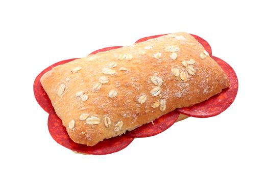 chorizo sausage sandwich bread made ​​with oatmeal and sausage cut into slices and isolated