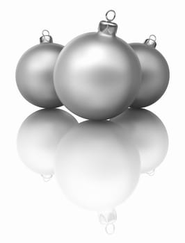 Three silver christmas baubles on white background. 3d render