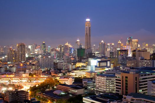 Aerial View of Bangkok Skylines at Victory Monument Downtown Cityscape at Dusk