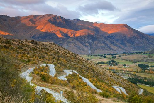 Aerial view of Highway Road Freeway to Arrow Town with Sunrise Mountain range Landscape New Zealand