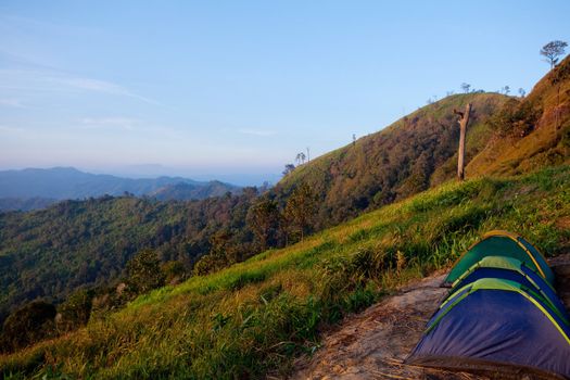 Tourist tent in a mountain landscape in Thailand