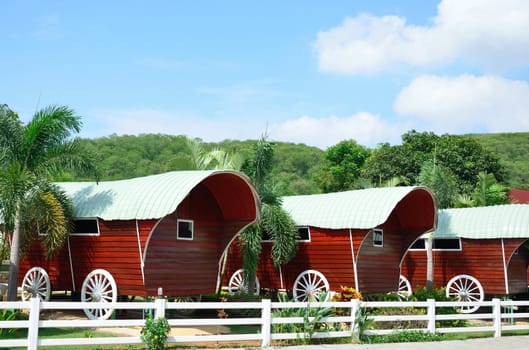 Cowboy camp house cart with nature background, House in cowboy style