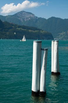 Sailing Boats and beautiful mountain panorama at Lake Lucerne, Switzerland
