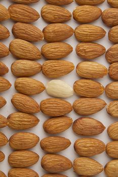 almond put in a row with one peeled almond in the middle