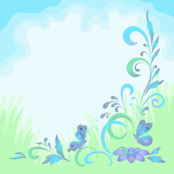 Abstract floral green and blue background with symbolical flowers and butterflies