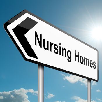 Illustration depicting a road traffic sign with a nursing home concept. Blue sky background.
