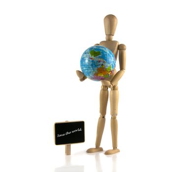 wooden puppet with a blackboard and the globe save the world