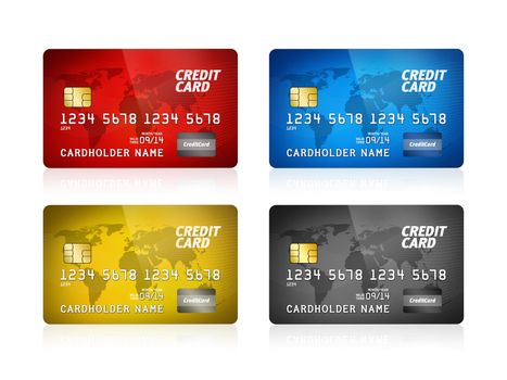 Pack of high detail illustration of a plastic credit card. Isolated on white. Map from: http://www.lib.utexas.edu/maps/world.html