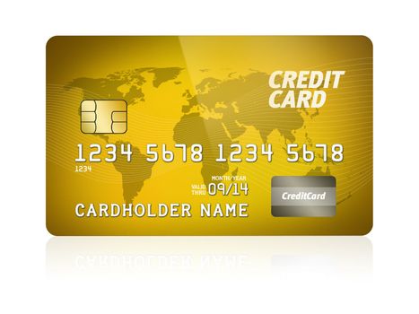 High detail illustration of a plastic credit card. Isolated on white. Map from: http://www.lib.utexas.edu/maps/world.html