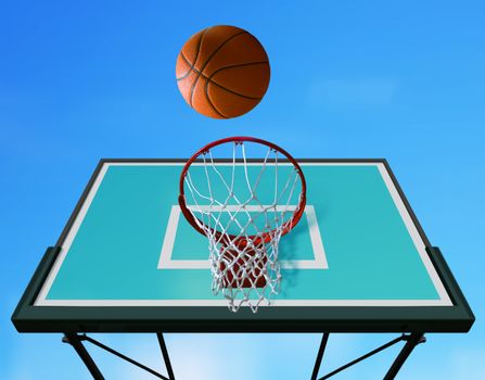 Basketball board and basketball ball on sky background