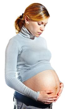 Pregnant woman in casual clothes isolated on white background