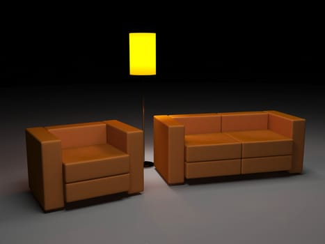 Orange sofa and chair near a lamp