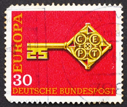 GERMANY - CIRCA 1968: a stamp printed in the Germany shows Golden Key with C.E.P.T Emblem, Europe, circa 1968