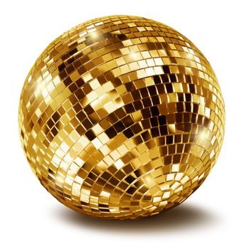 Golden disco mirror ball isolated on white background