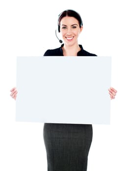 Call centre executive showing an empty billboard isolated over white