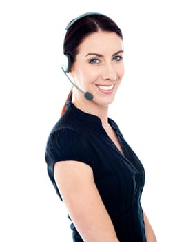 Beautiful help desk female executive isolated over white