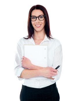 Corporate lady holding viral notepad and pen isolated against white background