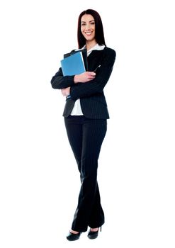 Isolated business woman holding documents. Full length portrait