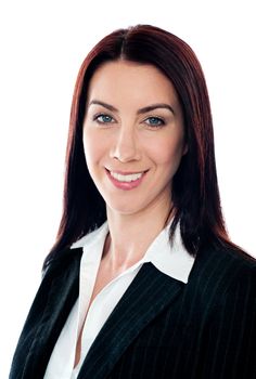 Closeup portrait of pretty businesswoman smiling at camera