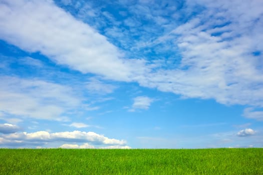 Beautiful bright green cloudscape over wheat field in early summer