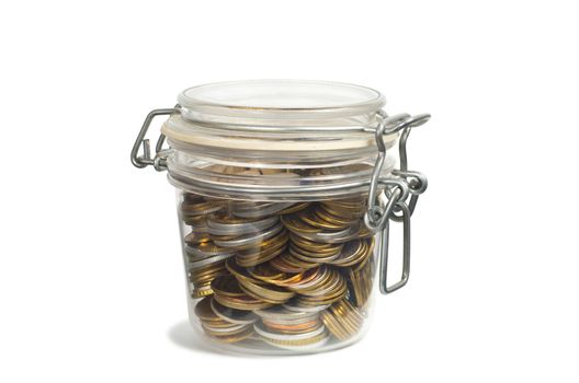 Coins in a jar isolated on white background