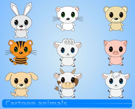 set of cartoon animals on a blue background