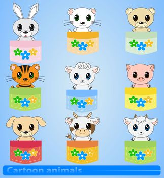 cartoon animals in pockets on a blue background